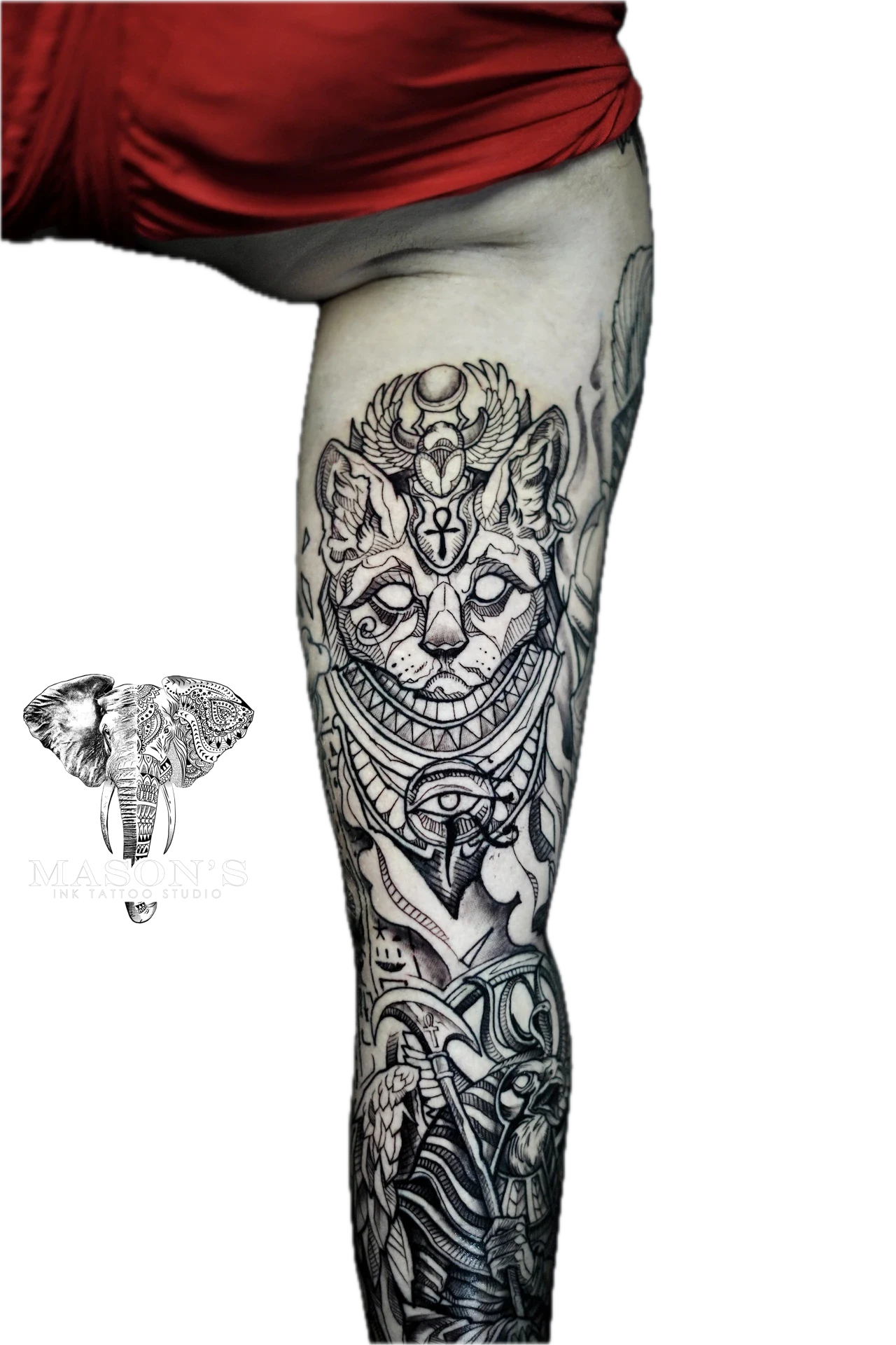 Black and Grey Egypt Iluminati Cat Anunaki Tattoo by Mason's Ink Tattoo Studio, Bali