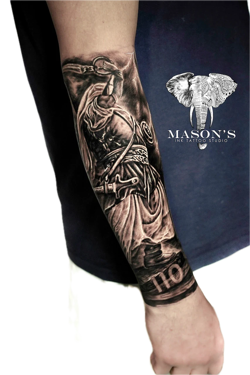 Black and Grey Egyptian Man Tattoo Design - Black & Grey tattoo by Mason's Ink Tattoo Studio, Bali