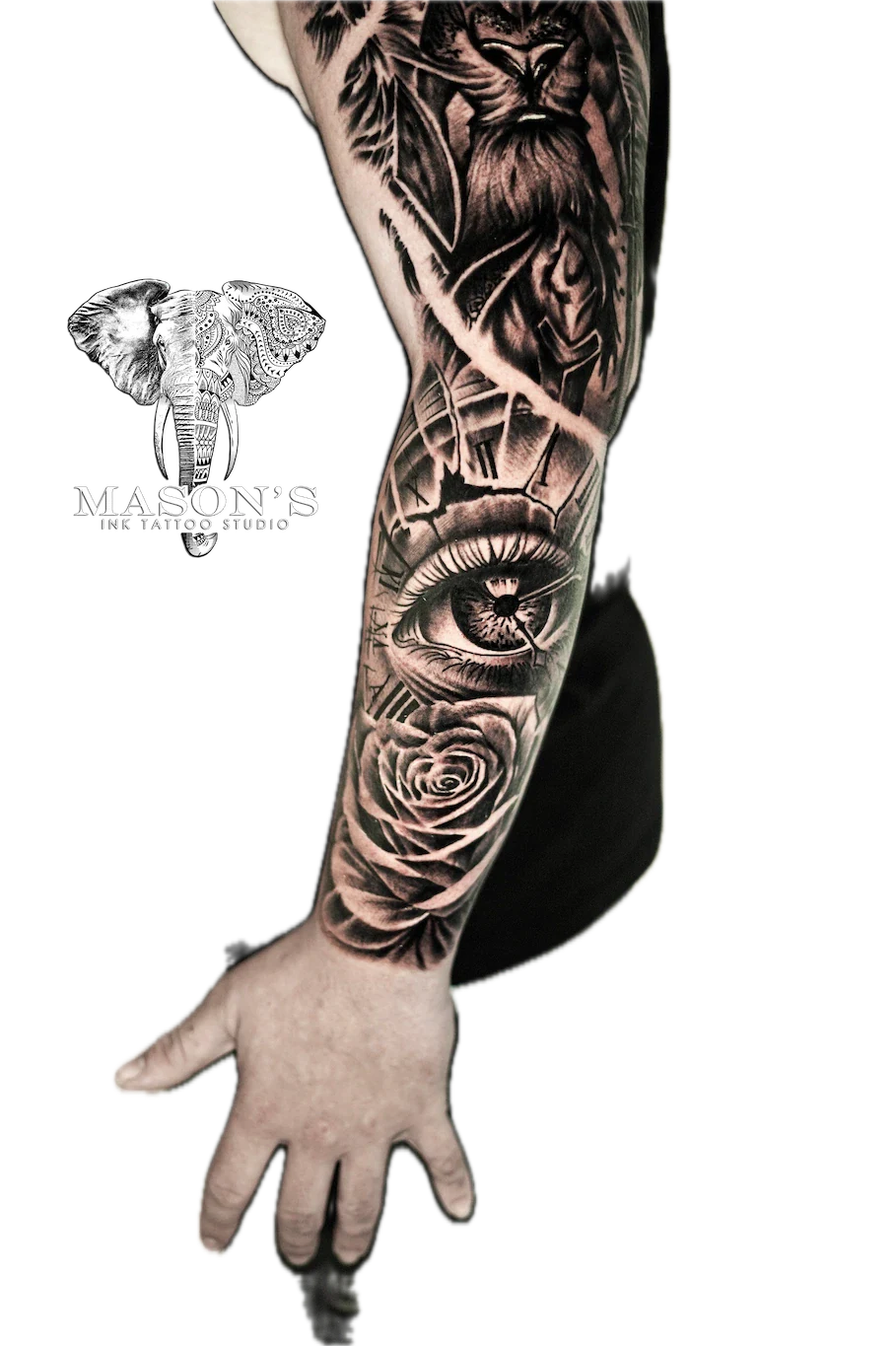 Black and Grey Eye and Flower Tattoo Design - Black & Grey tattoo by Mason's Ink Tattoo Studio, Bali