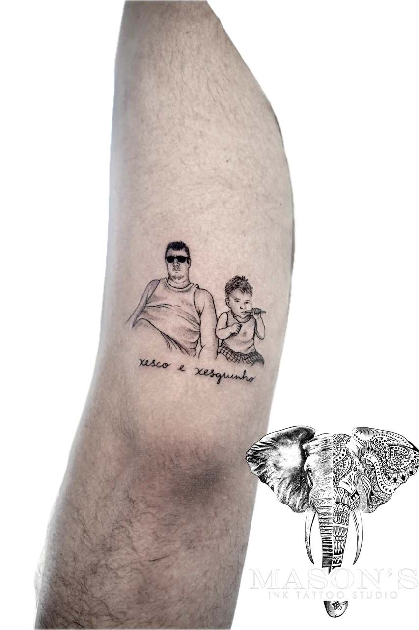 Black and Grey Father and Son Realism Tattoo Design by Mason's Ink Tattoo Studio, Bali