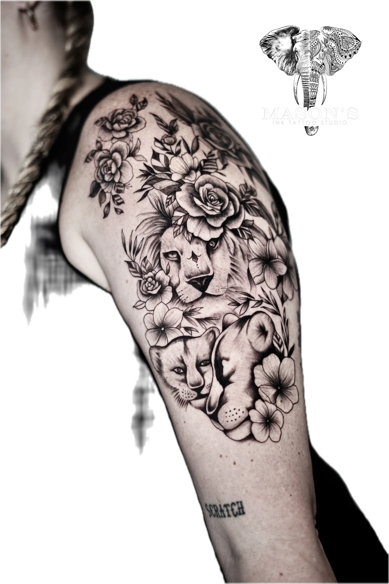 Black and Grey Floral Lion Simba Family tattoo by Mason's Ink Tattoo Studio, Bali