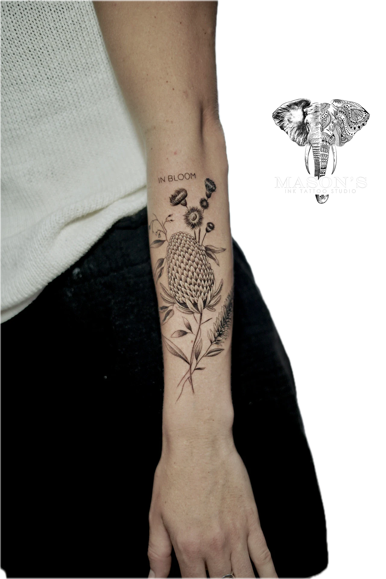 Black and Grey Floral Tattoo Hand by Mason's Ink Tattoo Studio, Bali