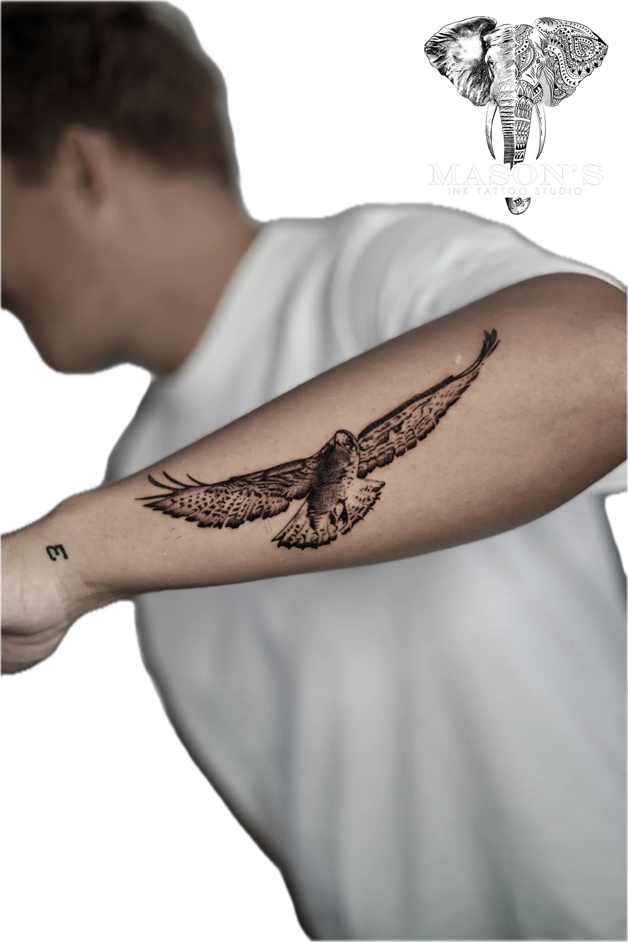 Black and Grey Flying Falcon Bird Tattoo by Mason's Ink Tattoo Studio, Bali