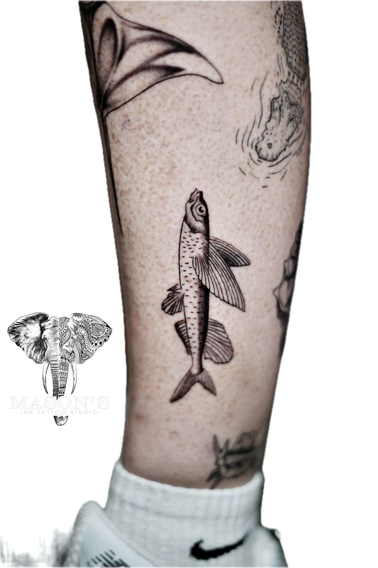 Black and Grey Flying Fish Tattoo by Mason's Ink Tattoo Studio, Bali