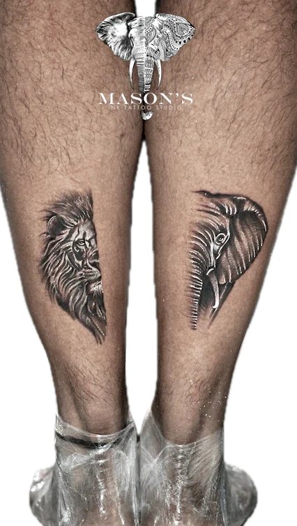 Black and Grey Half Face Elephant and Lion Tattoo Design by Mason's Ink Tattoo Studio, Bali