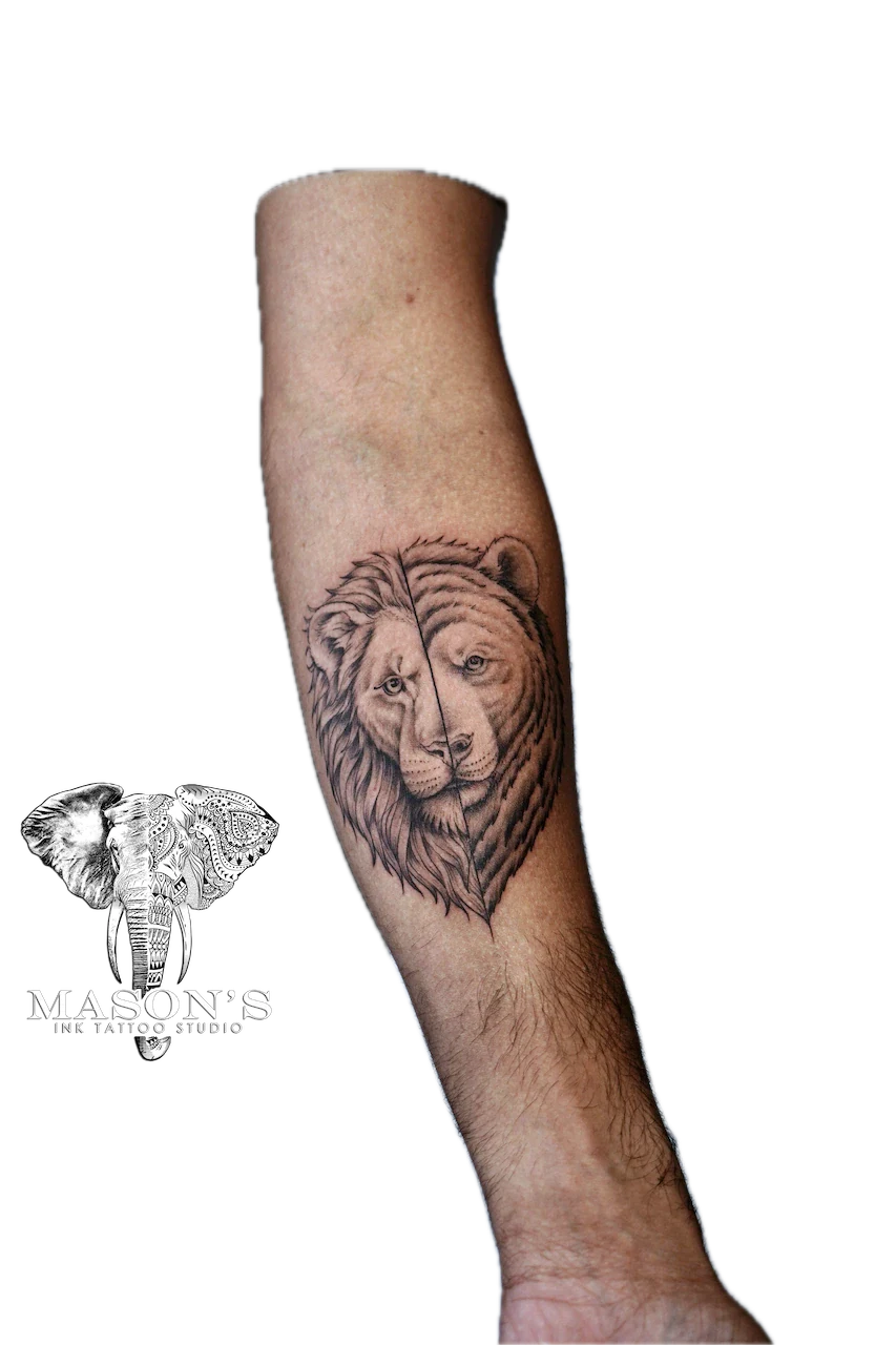 Black and Grey Half Lion Half Tiger Tattoo Design - Black & Grey tattoo by Mason's Ink Tattoo Studio, Bali