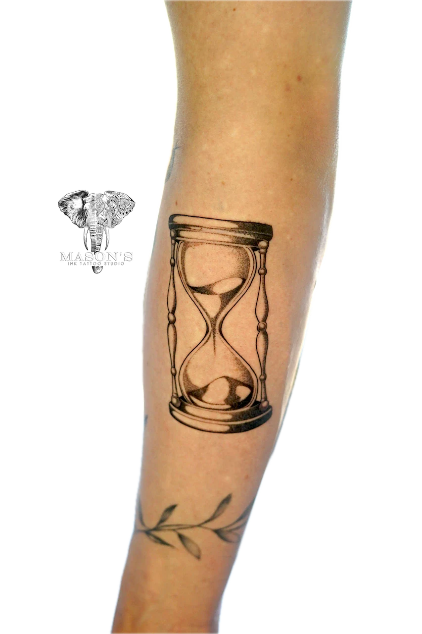 Black and Grey Hourglass Tattoo Design - Black & Grey tattoo by Mason's Ink Tattoo Studio, Bali