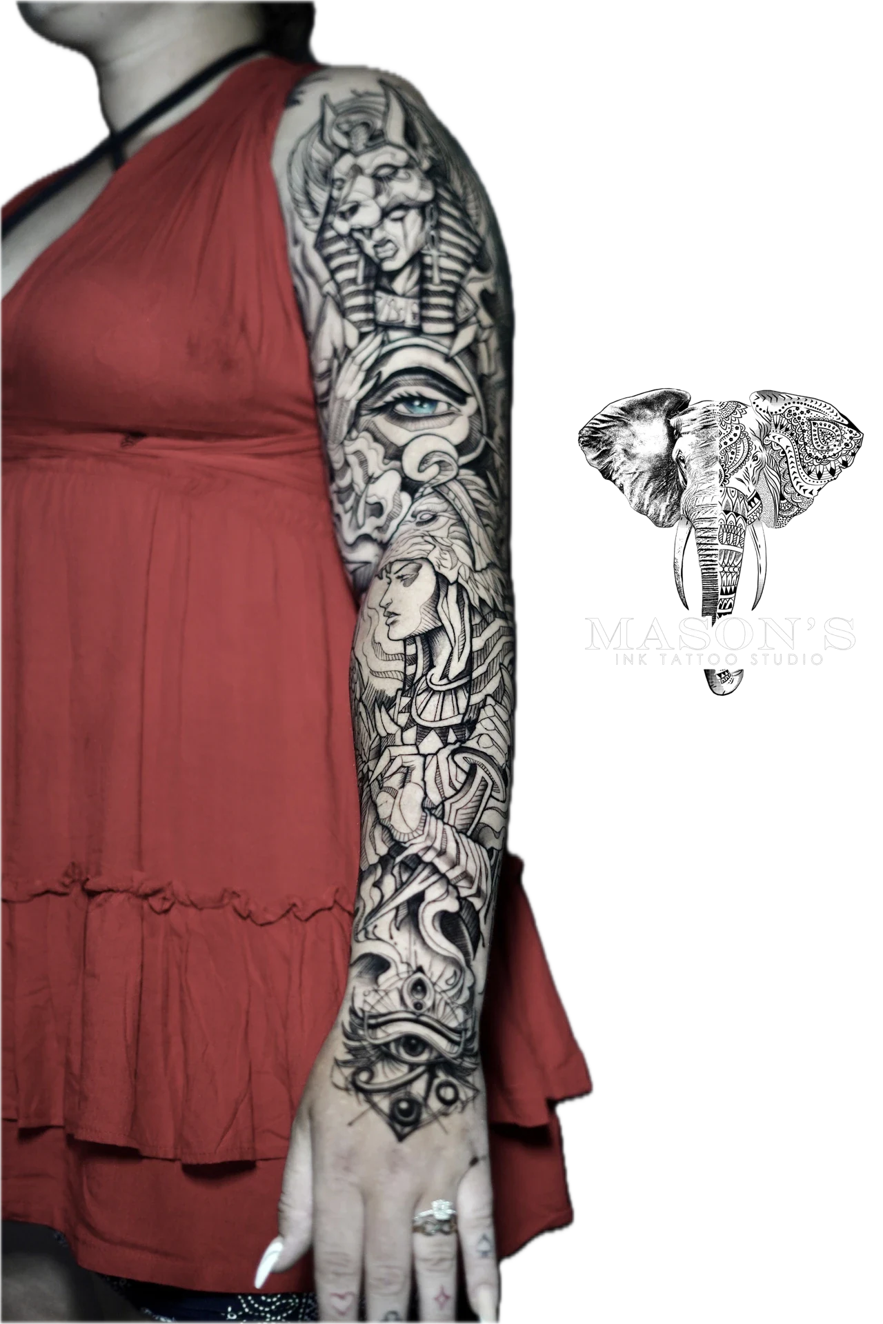 Black and Grey Illuminati Full hand Tattoo Anubis and Cleopatra by Mason's Ink Tattoo Studio, Bali