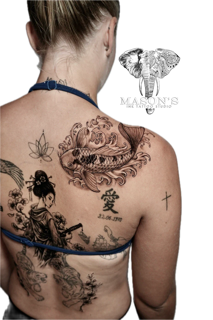 Black and Grey Japanese Koi Tattoo Design - Black & Grey tattoo by Mason's Ink Tattoo Studio, Bali