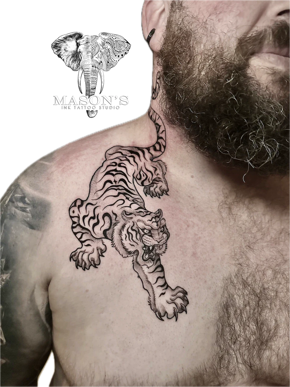 Black and Grey Japanese Tiger Tattoo Design - Black & Grey tattoo by Mason's Ink Tattoo Studio, Bali