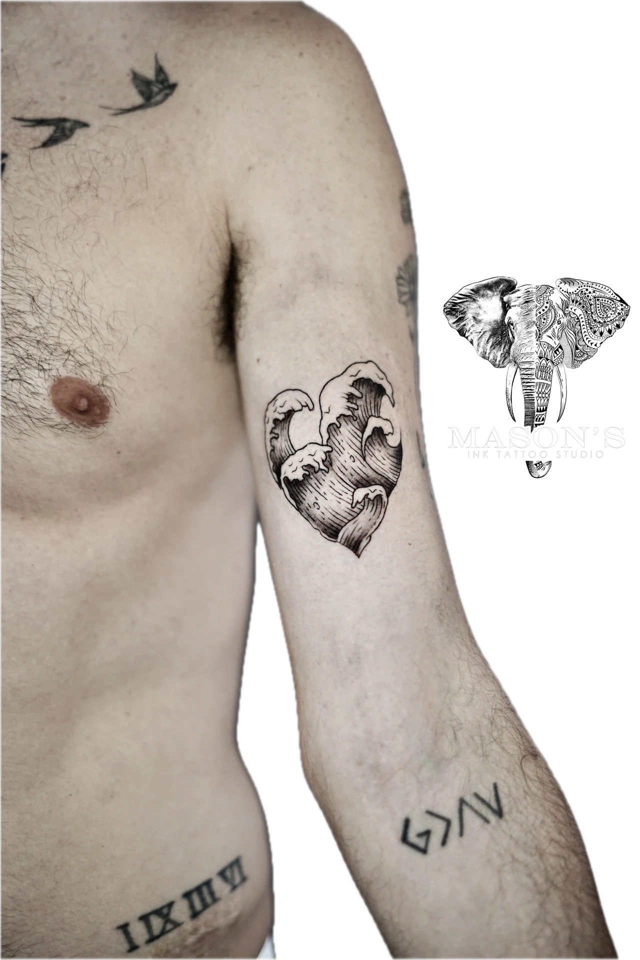 Black and Grey Japanese Wave form Heart tattoo by Mason's Ink Tattoo Studio, Bali