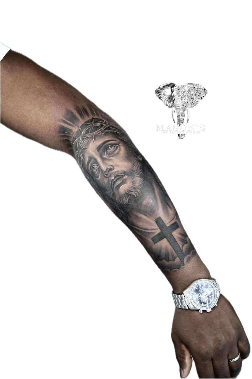 Black and Grey Jesus Realism Tattoo Design by Mason's Ink Tattoo Studio, Bali