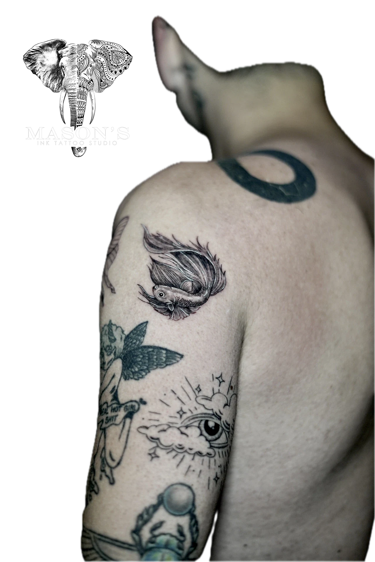 Black and Grey Koi Fish tattoo by Mason's Ink Tattoo Studio, Bali