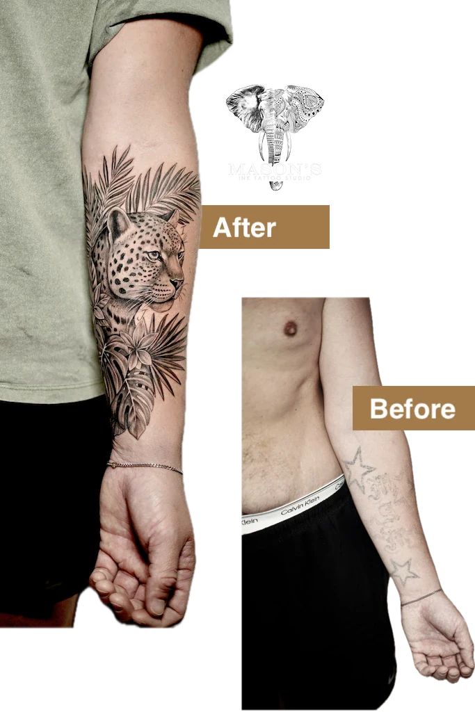 Black and Grey Leopard Cover Up Tattoo Design: a large leopard and palm tree tattoo on the forearm