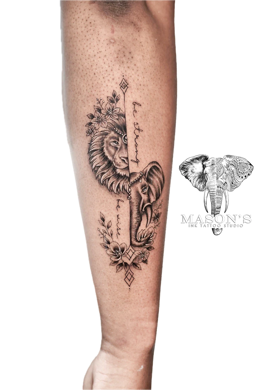 Black and Grey Lion and Elephant Tattoo Design - Black & Grey tattoo by Mason's Ink Tattoo Studio, Bali