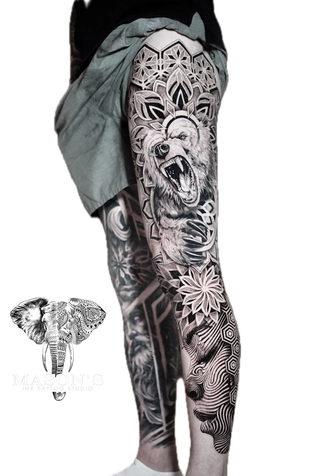 Black and Grey Mandala Bear Face Realism Tattoo Design: a roaring wolf with mandala and geometric patterns on a full sleeve
