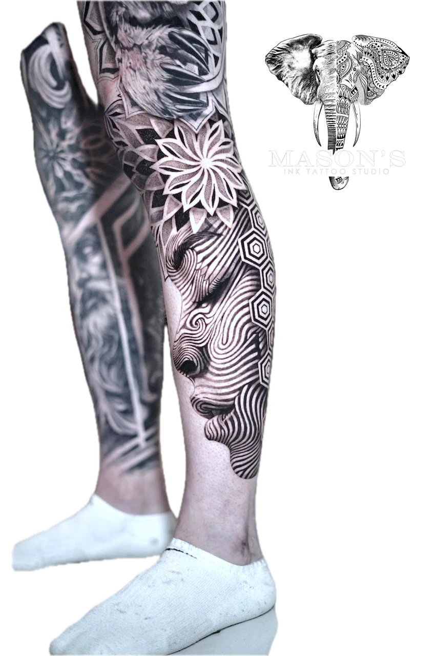 Black and Grey Mandala Bear Face Tattoo Design by Mason's Ink Tattoo Studio, Bali