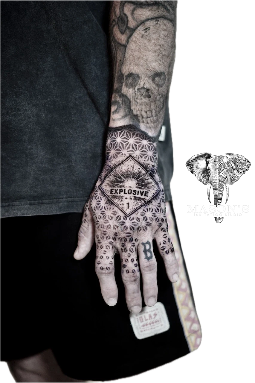 Black and Grey Mandala Script Tattoo Design by Mason's Ink Tattoo Studio, Bali