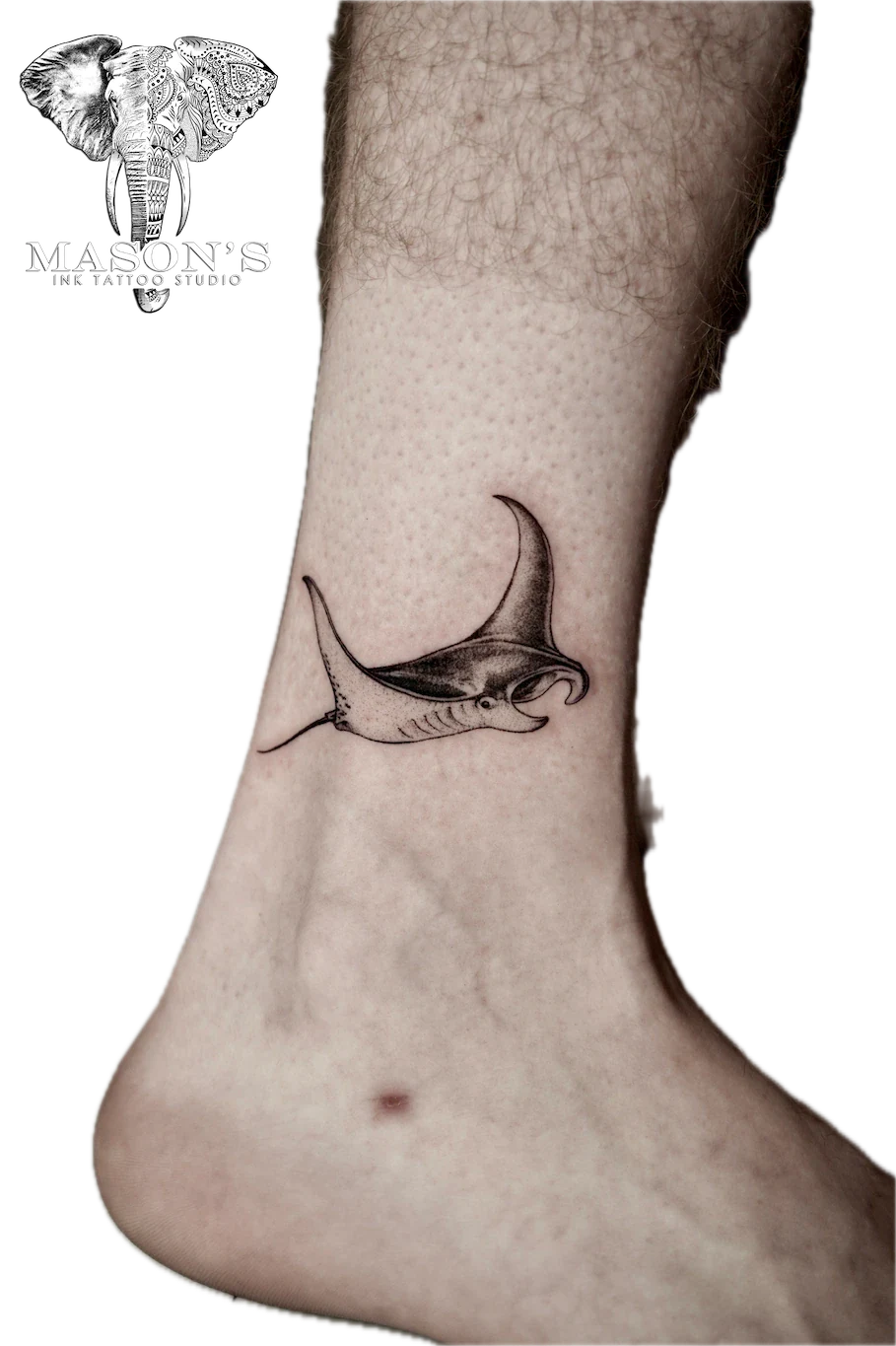 Black and Grey Manta Ray Tattoo Design: a detailed manta ray tattoo on the ankle