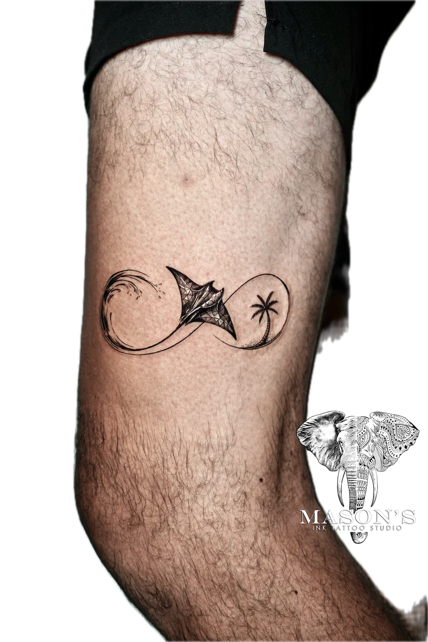Black and Grey Manta Ray and Palm Tree Tattoo Design - Black & Grey tattoo by Mason's Ink Tattoo Studio, Bali