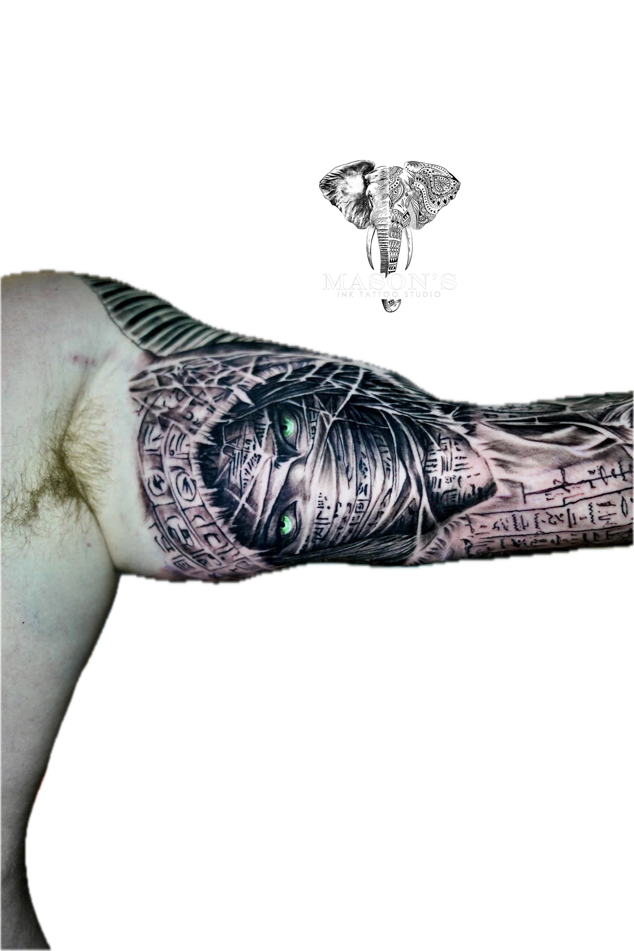 Black and Grey Mythology Realistic Mummy Pyramid Egypt tattoo by Mason's Ink Tattoo Studio, Bali
