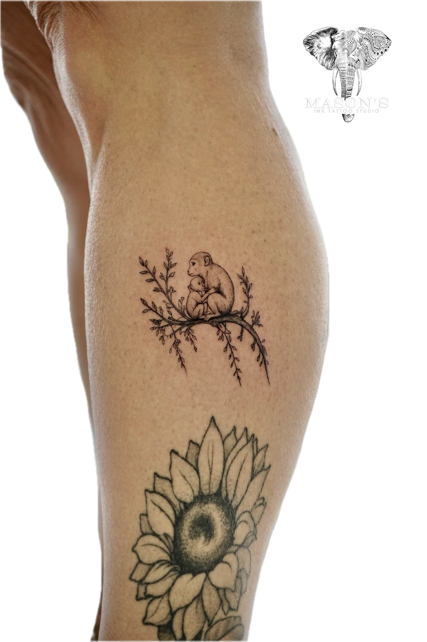 Black and Grey Monkey Floral Tattoo Design - Black & Grey tattoo by Mason's Ink Tattoo Studio, Bali