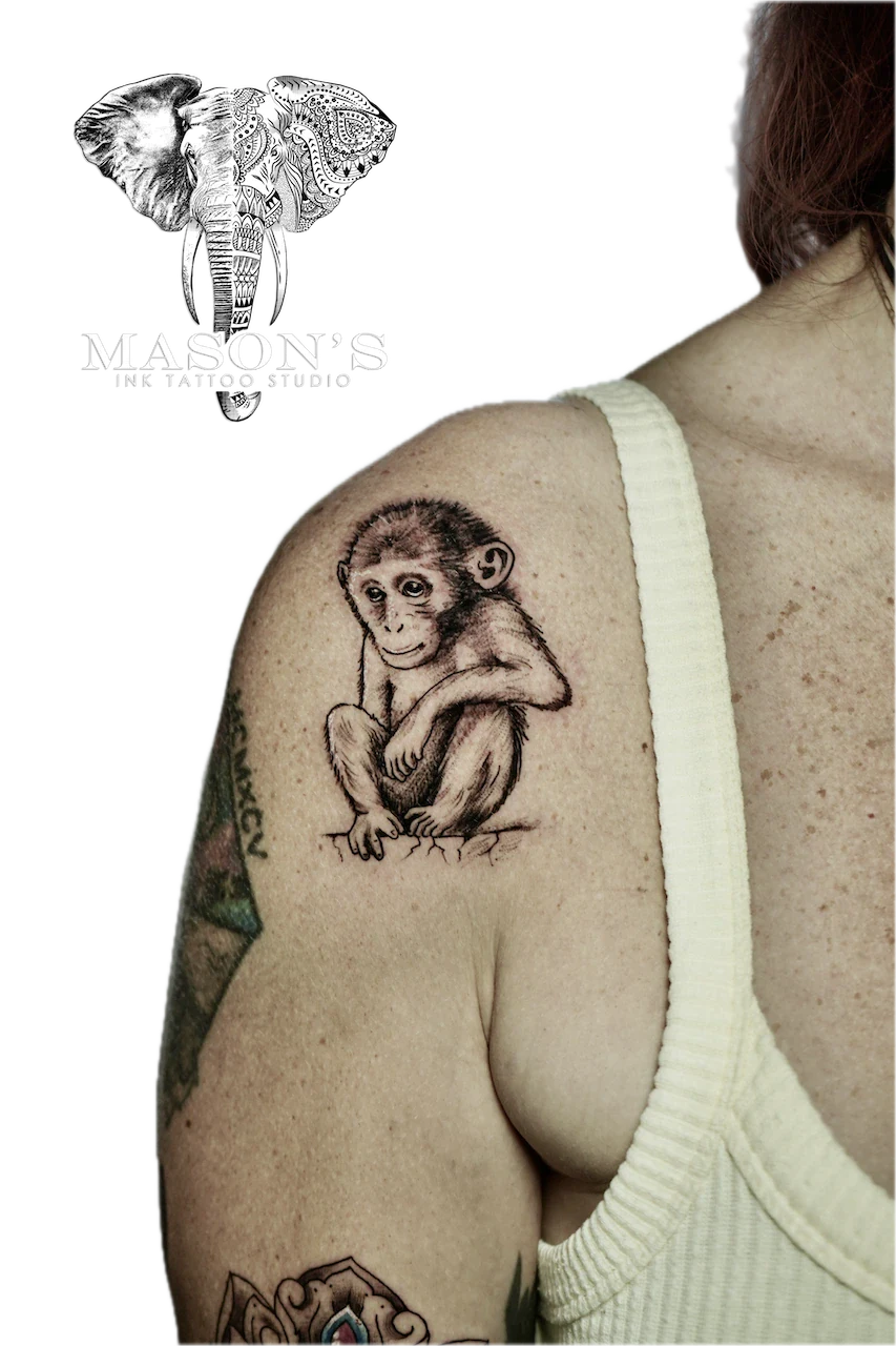 Black and Grey Monkey Tattoo - Black & Grey tattoo by Mason's Ink Tattoo Studio, Bali
