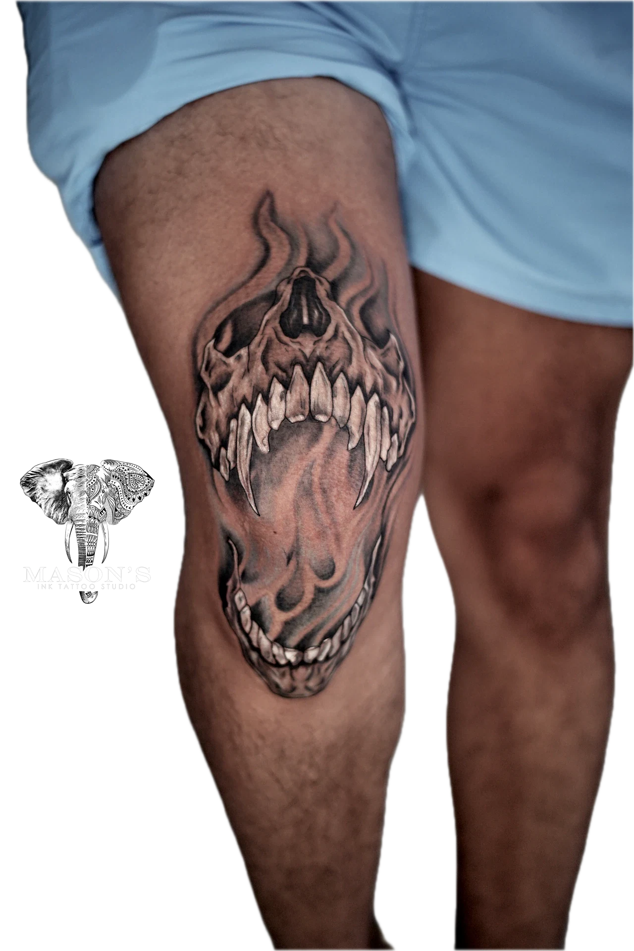 Black and Grey Monster Fire Tattoo by Mason's Ink Tattoo Studio, Bali