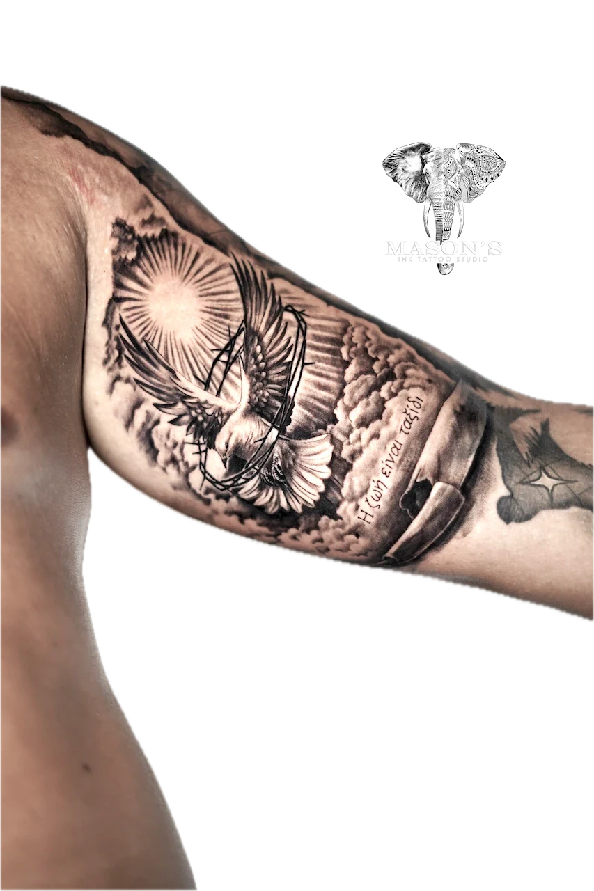 Black and Grey Mythology Bird Tattoo Design by Mason's Ink Tattoo Studio, Bali