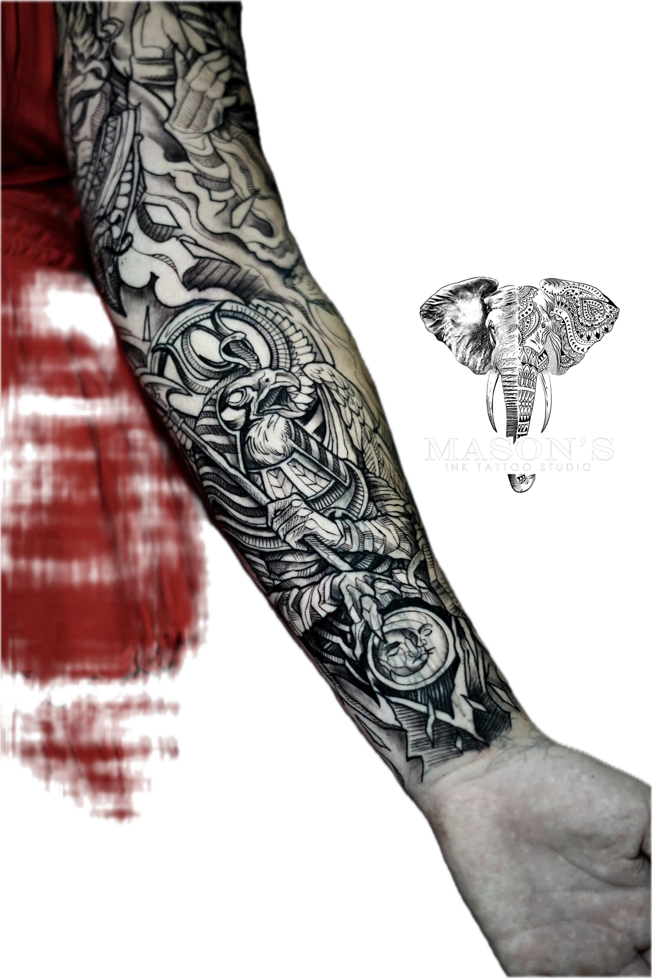 Black and Grey Mythology Realism Egypt God tattoo by Mason's Ink Tattoo Studio, Bali