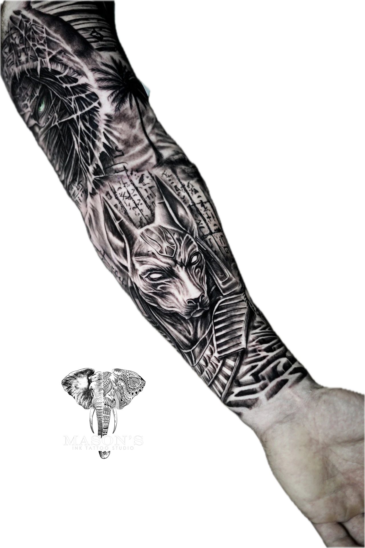 Black and Grey Mythology Realism God Anubis Tattoo by Mason's Ink Tattoo Studio, Bali