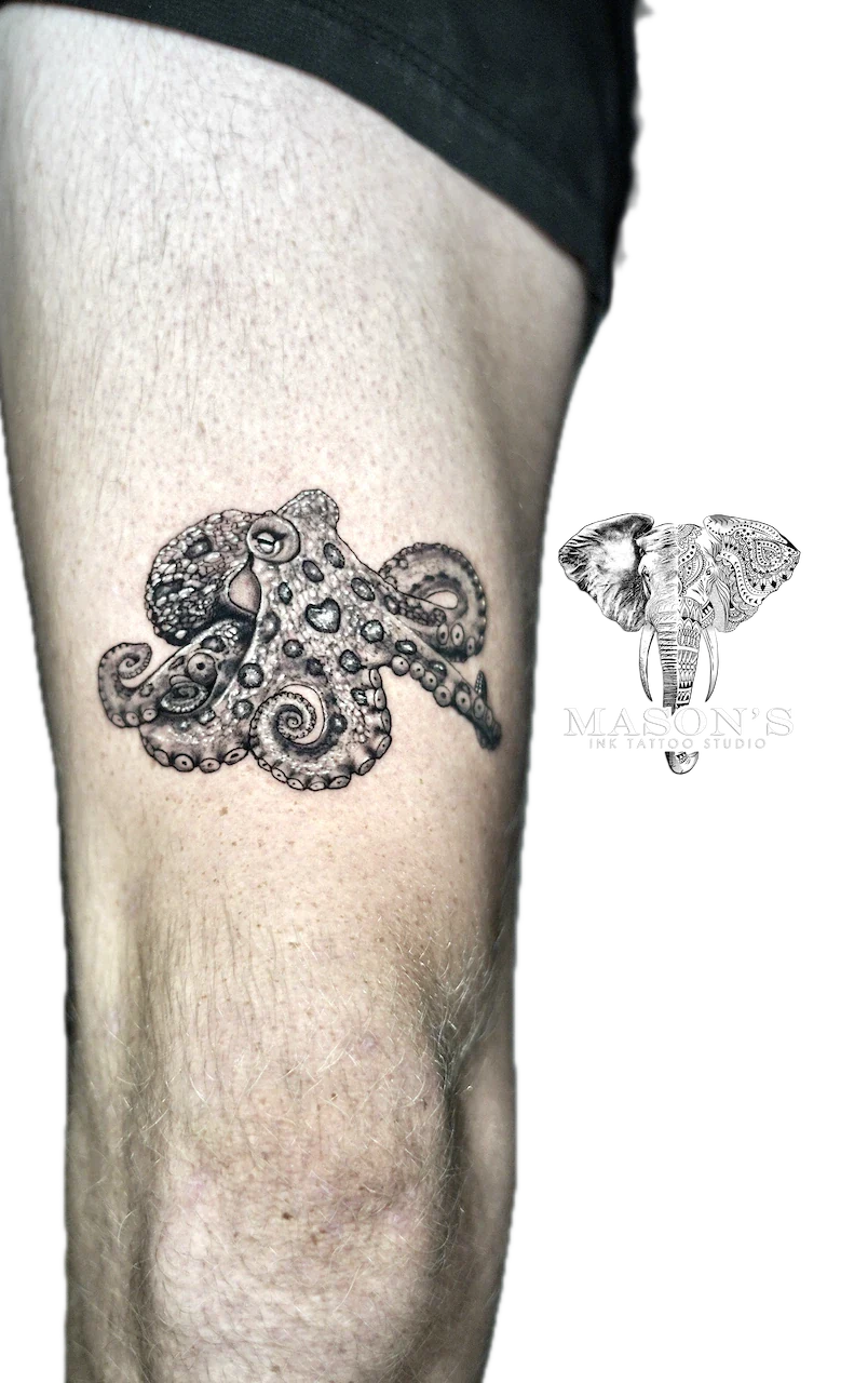 Black and Grey Octopus Realism Tattoo Design by Mason's Ink Tattoo Studio, Bali
