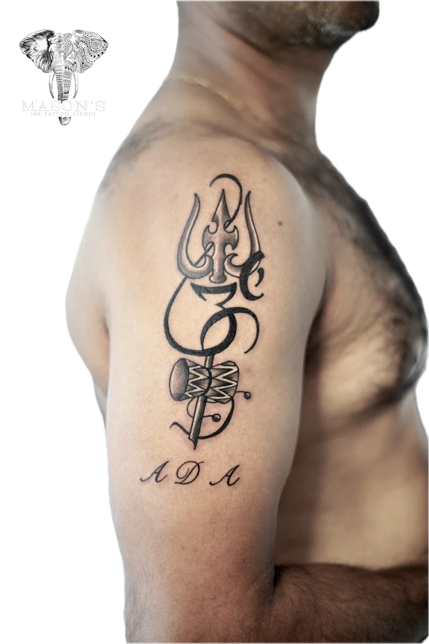 Black and Grey Ohm Script Fine Line Tattoo Design by Mason's Ink Tattoo Studio, Bali