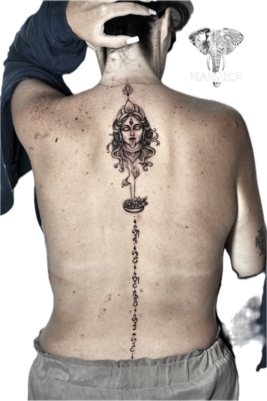 Black and Grey Om and Woman Script Tattoo Design - Black & Grey tattoo by Mason's Ink Tattoo Studio, Bali