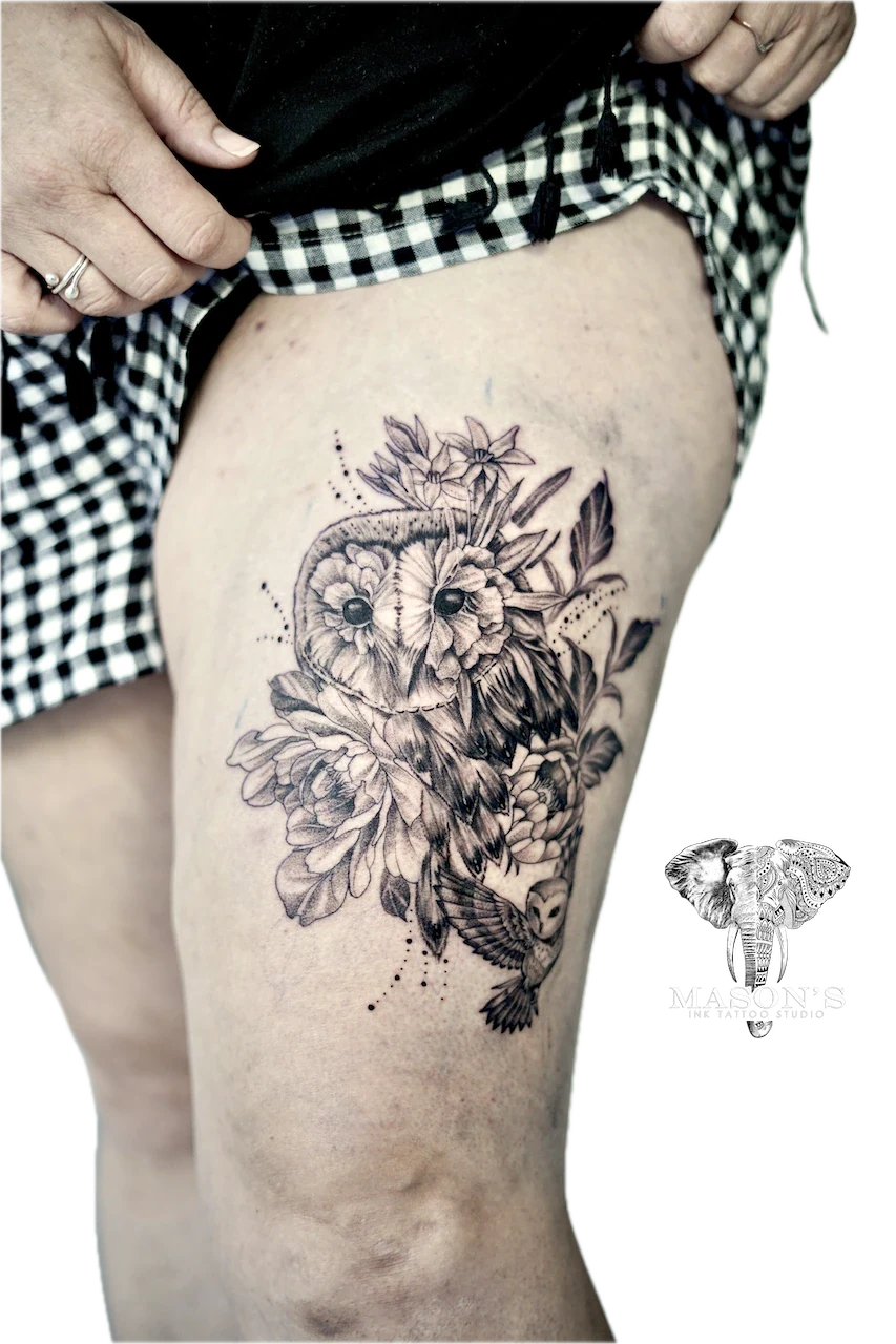 Black and Grey Owl Floral Tattoo Design by Mason's Ink Tattoo Studio, Bali