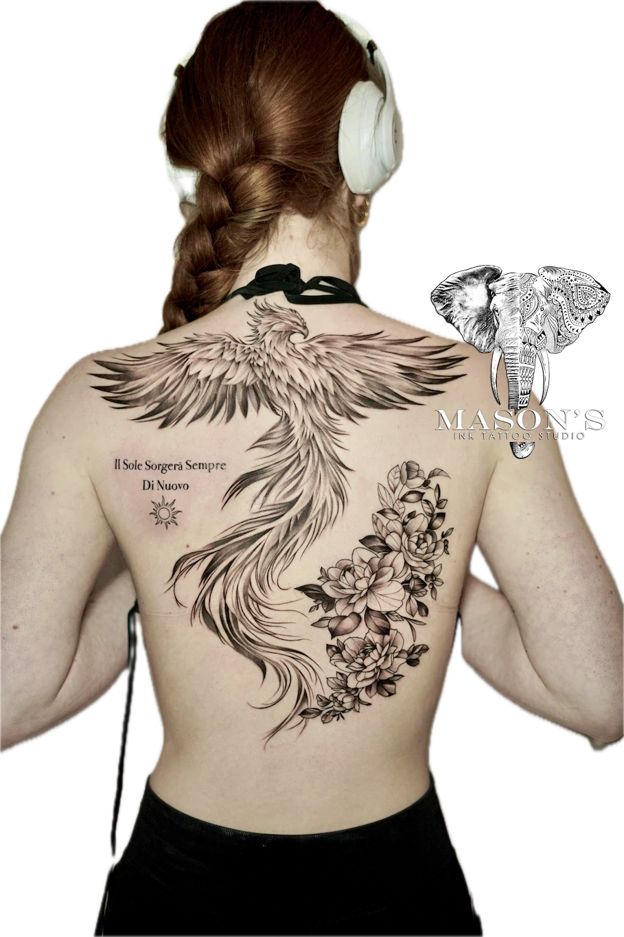 Black and Grey Phoenix Flower Tattoo Design - Black & Grey tattoo by Mason's Ink Tattoo Studio, Bali