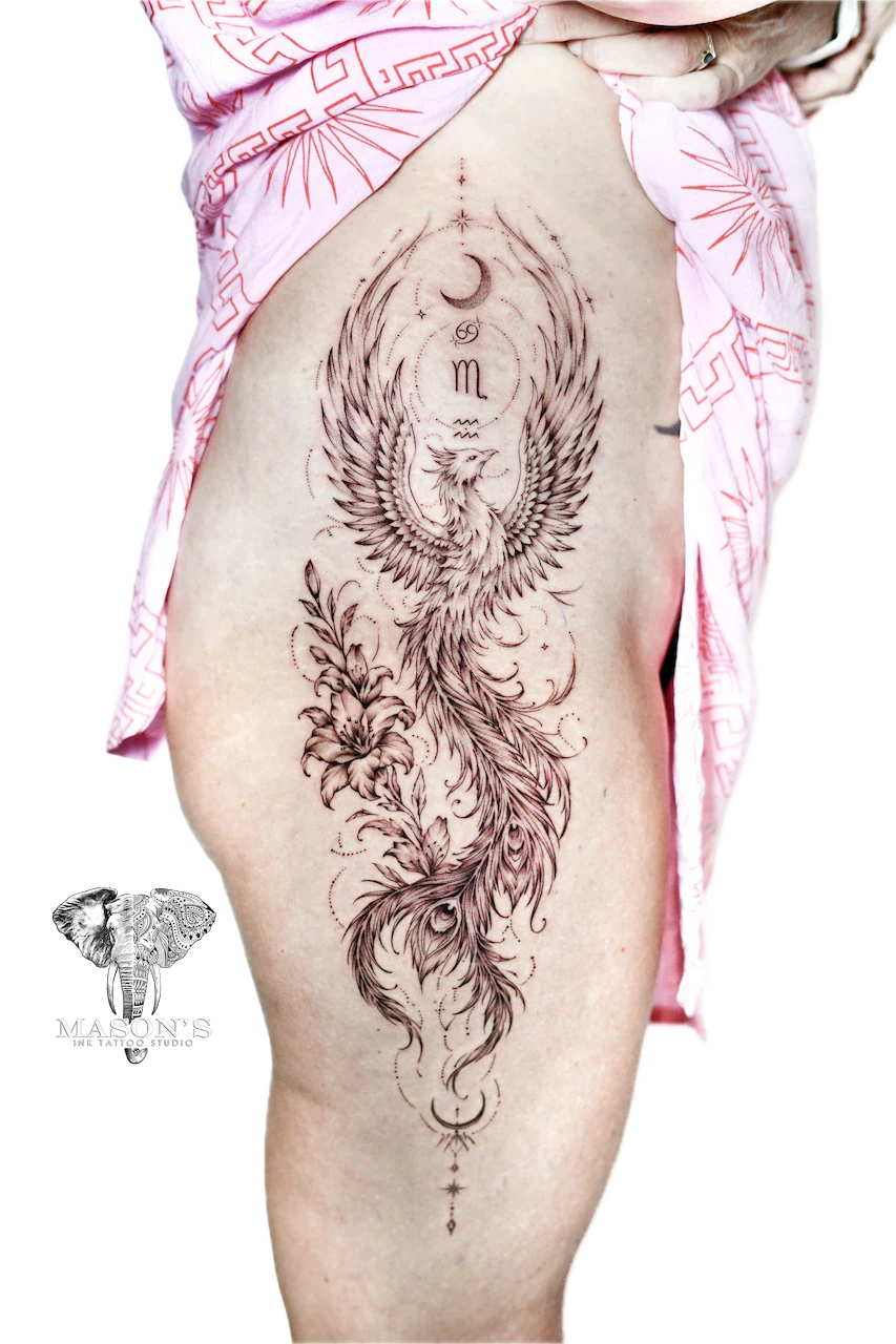 Black and Grey Phoenix and Floral Tattoo Design - Black & Grey tattoo by Mason's Ink Tattoo Studio, Bali
