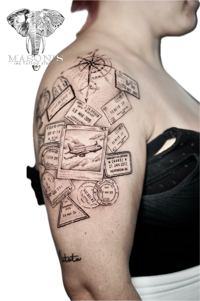 Black and Grey Plant Script Tattoo Design - Black & Grey tattoo by Mason's Ink Tattoo Studio, Bali