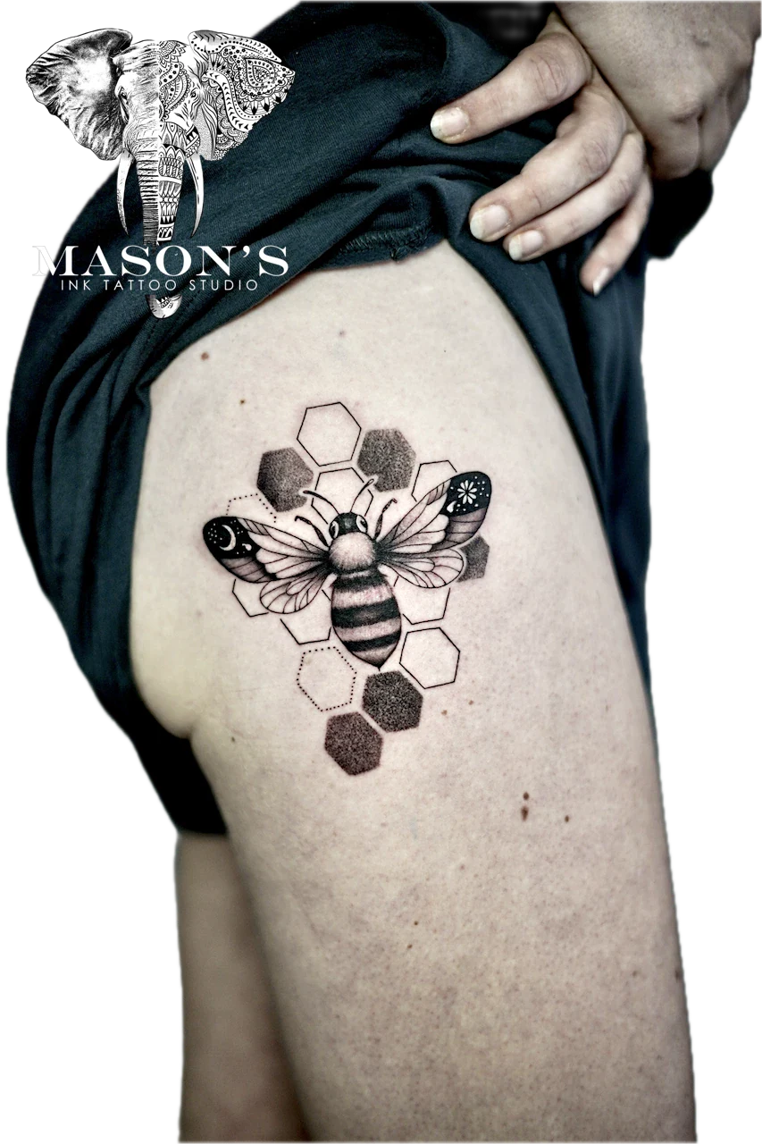 Black and Grey Realism Bee with Beehive Tattoo Design by Mason's Ink Tattoo Studio, Bali