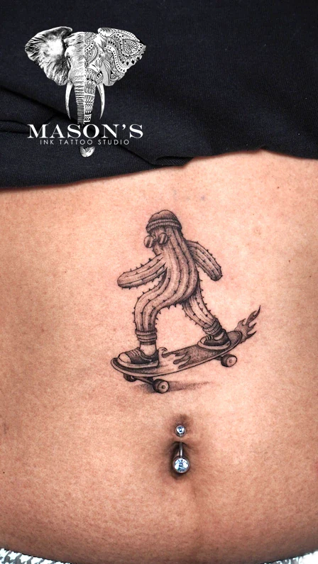 Black and Grey Realism Cactus Man Skateboard Tattoo Design by Mason's Ink Tattoo Studio, Bali