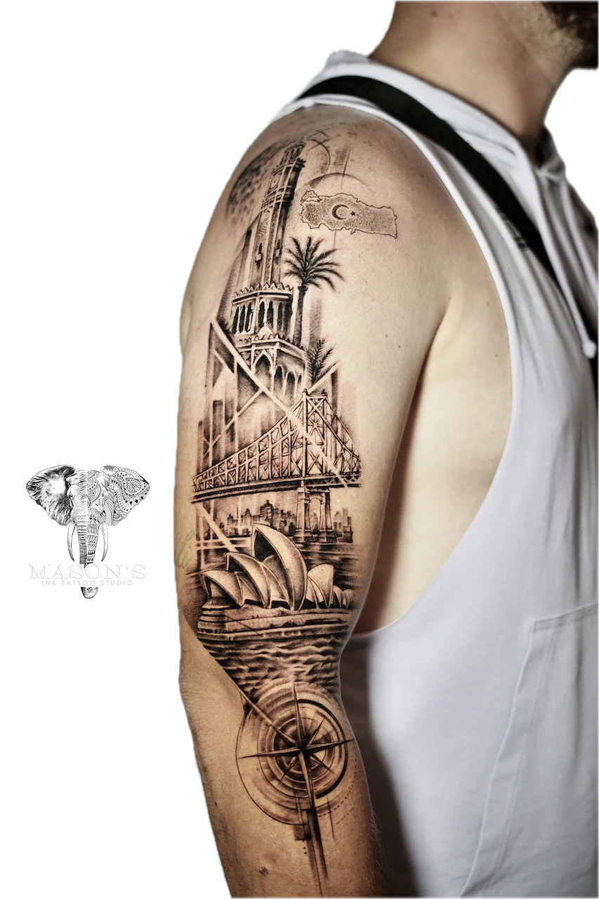 Black and Grey Realism City Tattoo Design: a detailed travel-themed tattoo with a bridge, sailboat, and map