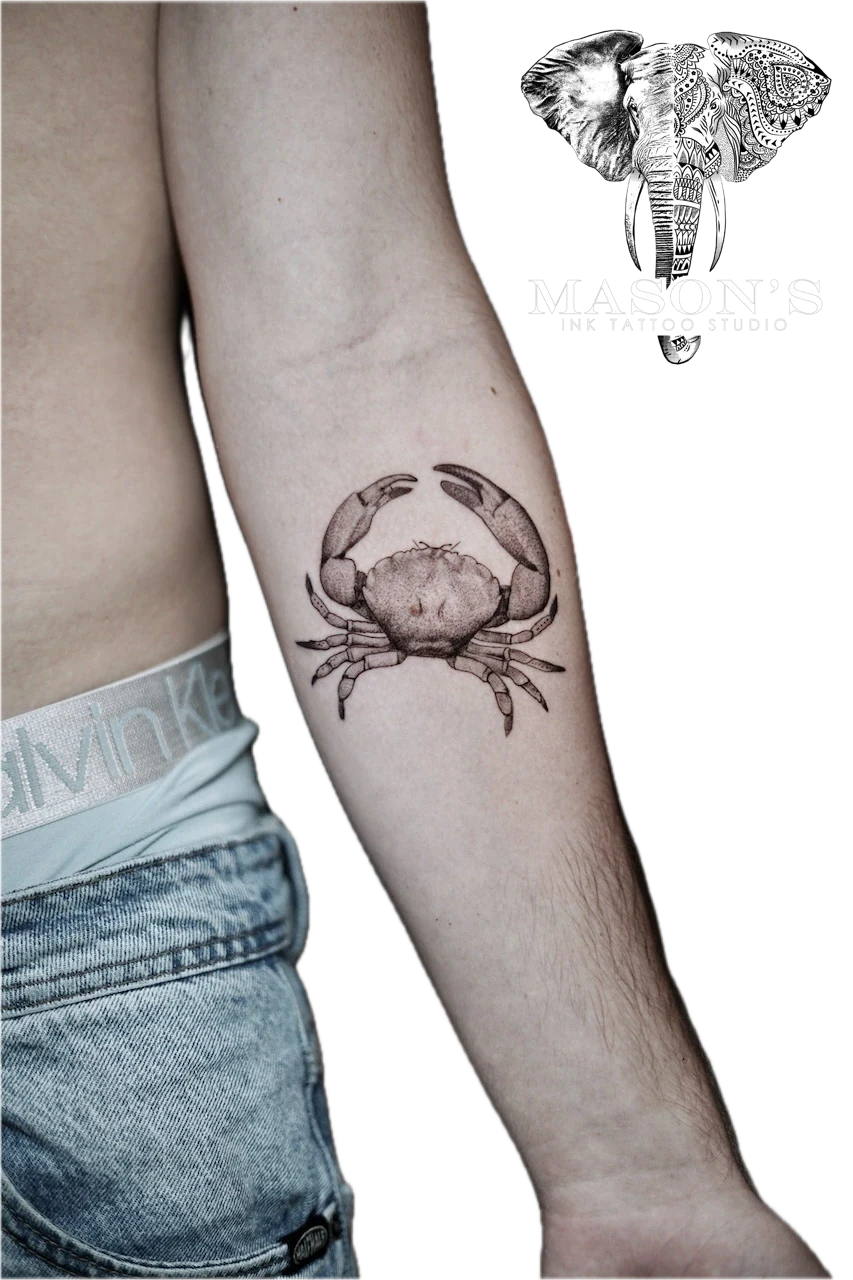 Black and Grey Realism Crab Tattoo Design by Mason's Ink Tattoo Studio, Bali