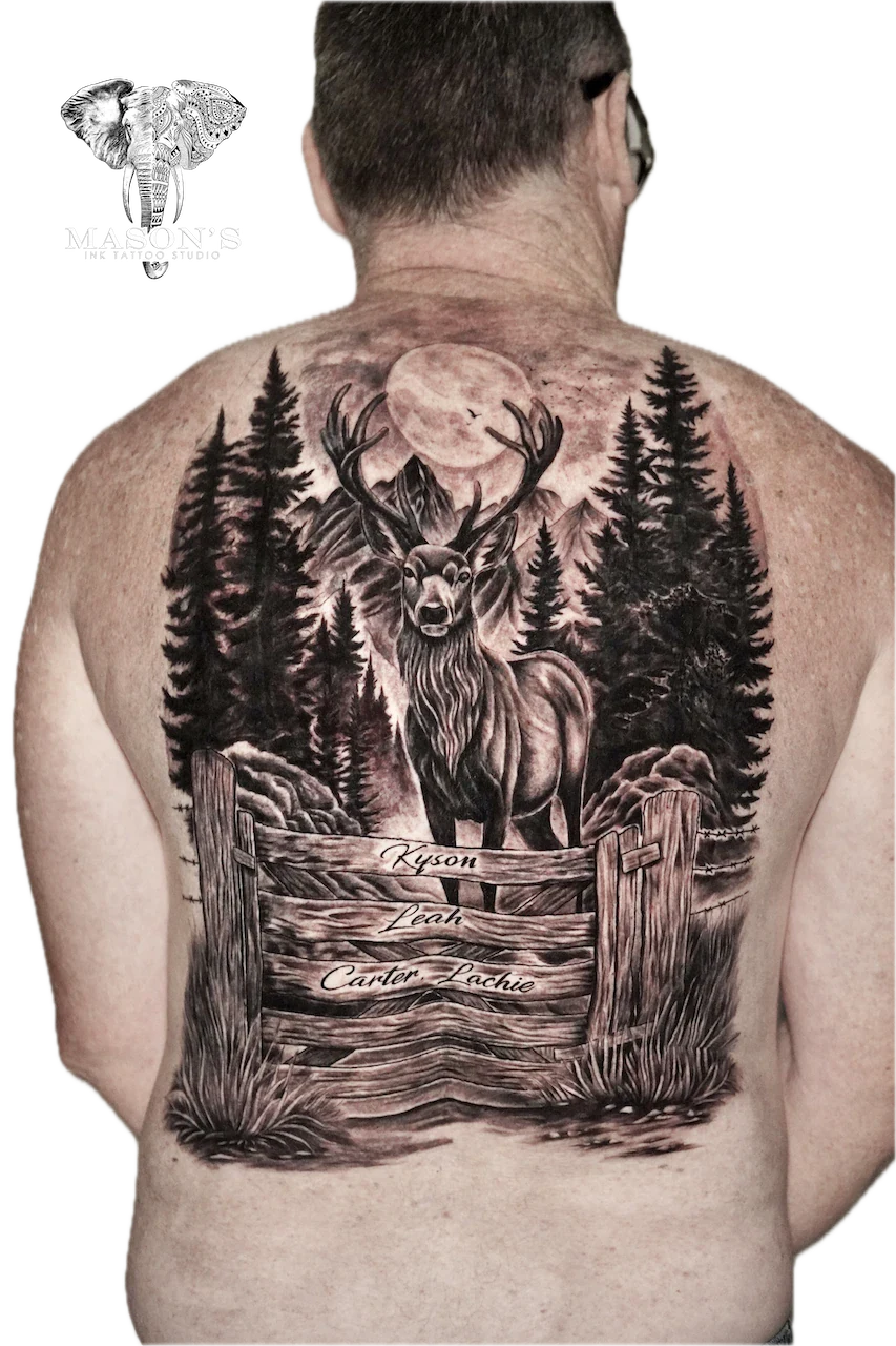 Black and Grey Realism Deer Forest Tattoo Design by Mason's Ink Tattoo Studio, Bali