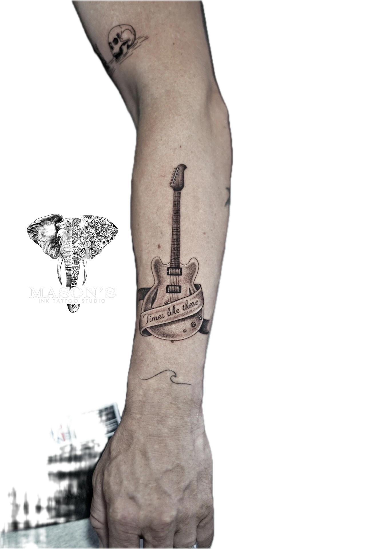 Black and Grey Realism Guitar tattoo by Mason's Ink Tattoo Studio, Bali