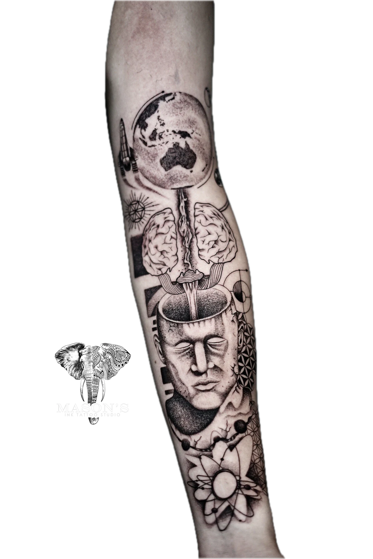 Black and Grey Realism Human Brain, Face, World Globe Sky Rocket Sience tattoo by Mason's Ink Tattoo Studio, Bali