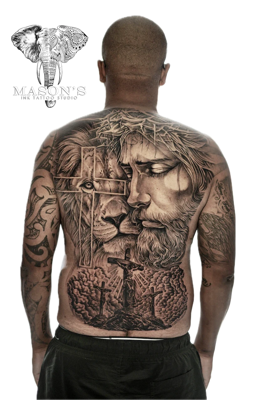 Black and Grey Realism Jesus and Tiger Tattoo Design - Black & Grey tattoo by Mason's Ink Tattoo Studio, Bali