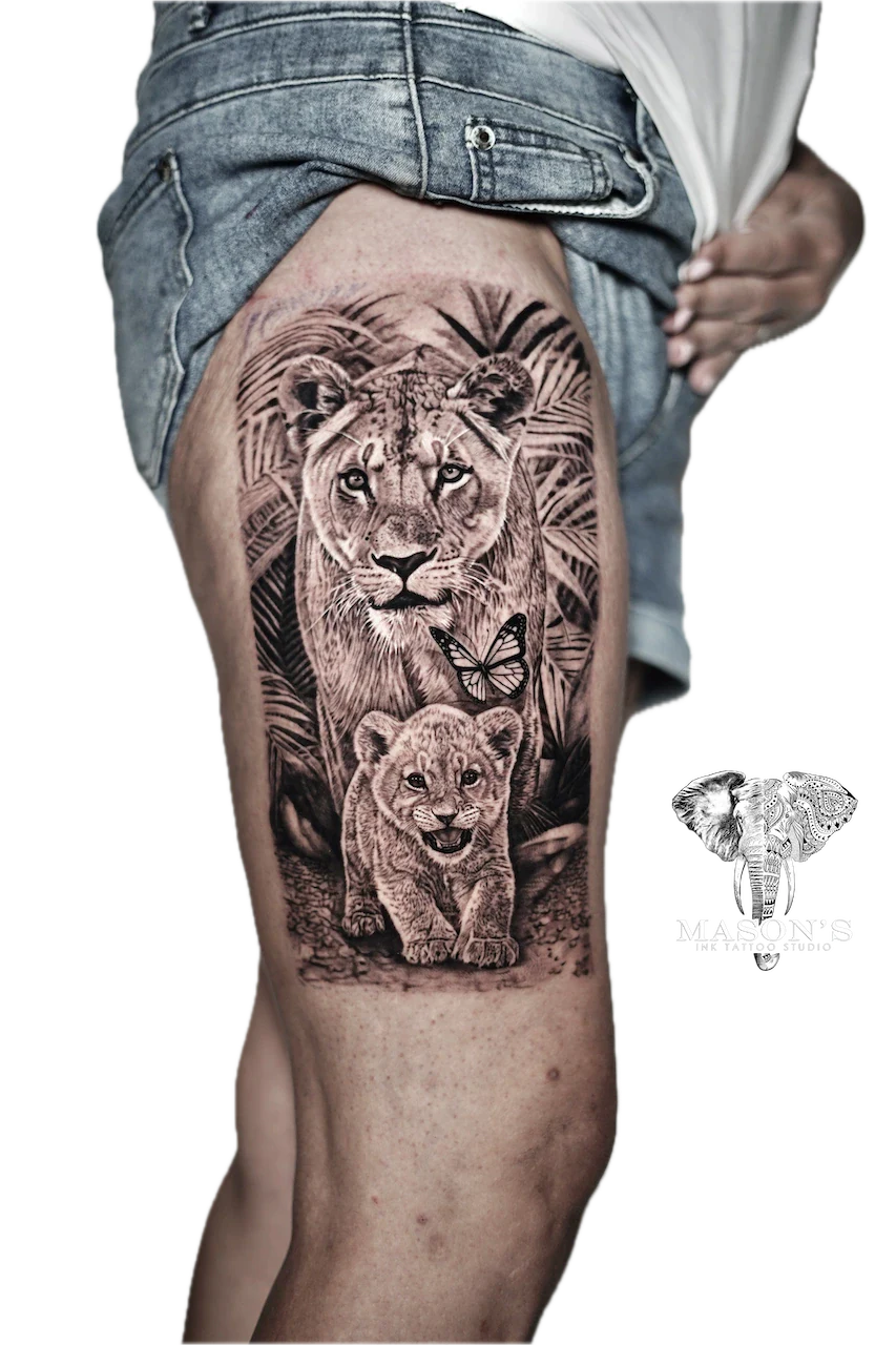 Black and Grey Realism Lion Tattoo Design by Mason's Ink Tattoo Studio, Bali