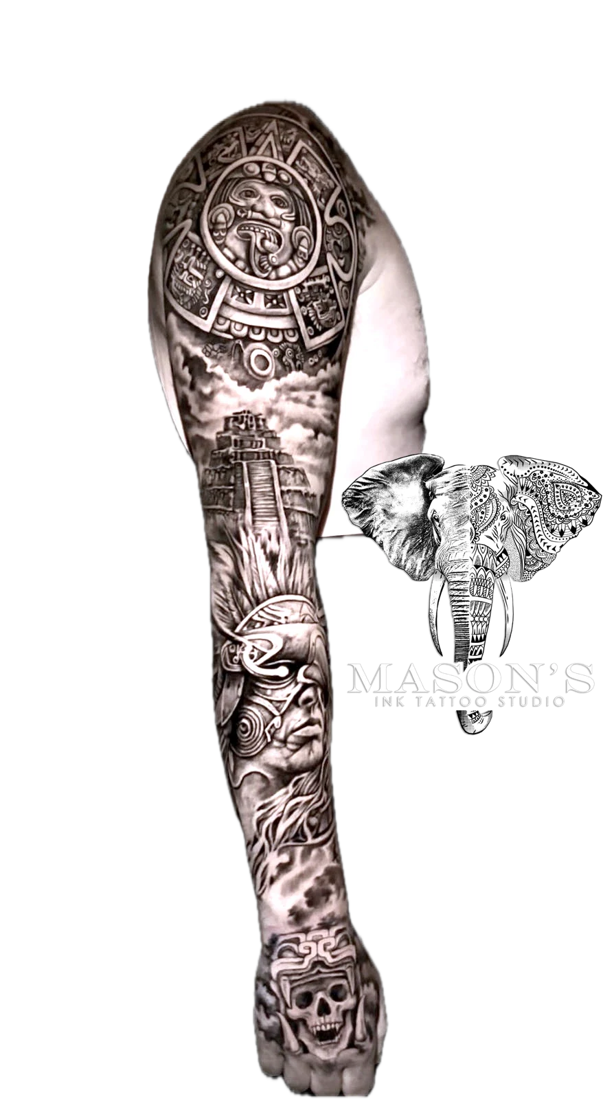 Black and Grey Realism Man and Statue Tattoo by Mason's Ink Tattoo Studio, Bali