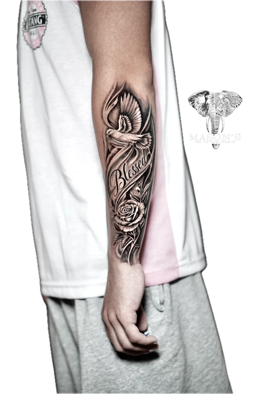 Black and Grey Realism Rose Bird Script Tattoo Design by Mason's Ink Tattoo Studio, Bali