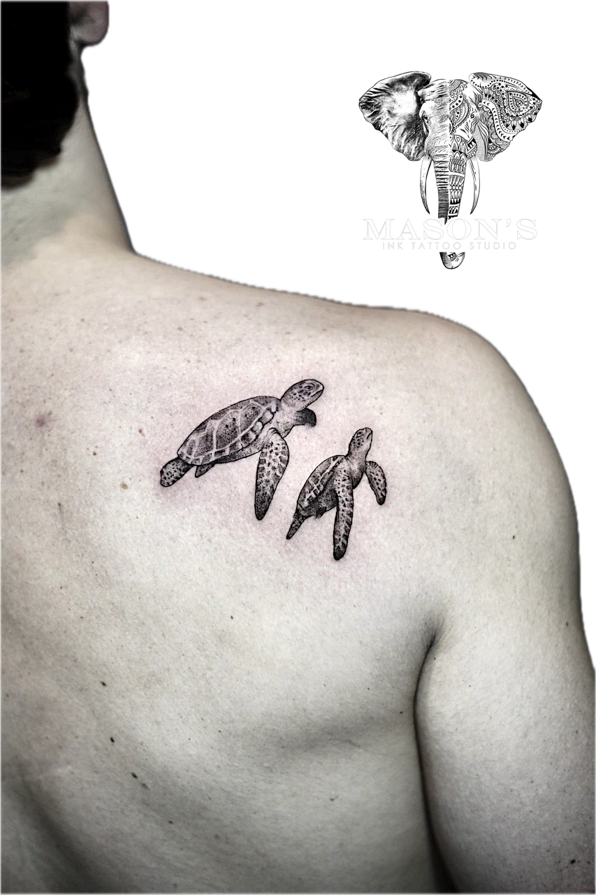 Black and Grey Realism Sea Turtle Tattoo Design by Mason's Ink Tattoo Studio, Bali